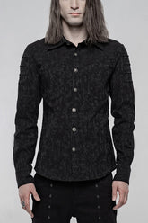 Chemise punk pour homme à manches longues noires avec bouton en métal tête de mort en jacquard sur le devant